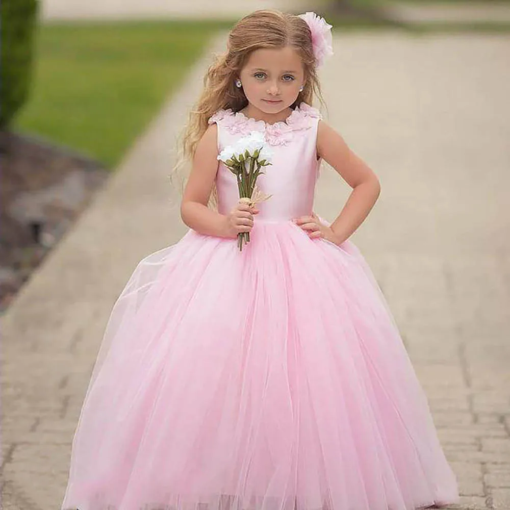 

Pink Backless Flower Girl Dresses Ball Gown Hand Made Flowers Pearls Lilttle Kids Birthday Pageant Weddding Gowns