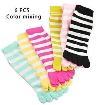 

6 Pairs Fashion Elastic Toe Soft Autumn Winter Funny Striped Cotton Blend Women Socks Casual Tube Warm Five-finger Breathable