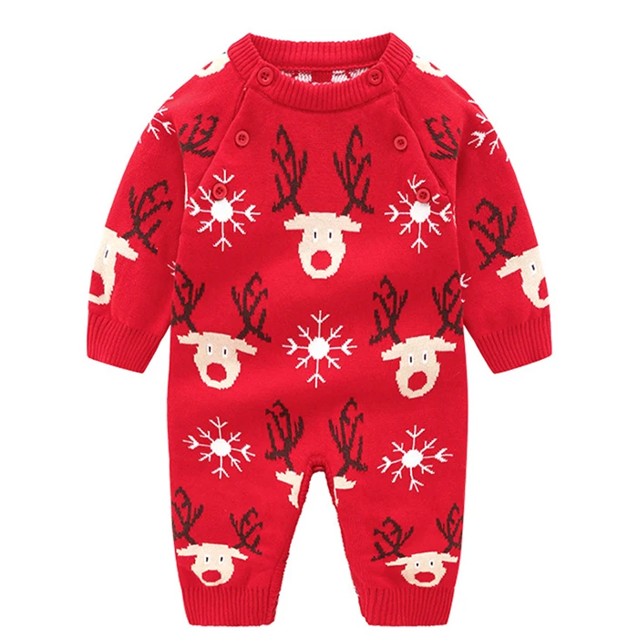 Одежда для новорожденных мальчиков и девочек Рождественский вязаный теплый комбинезон с длинными рукавами на осень и зиму, одежда для детей 24 месяцев