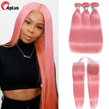 

Aplus Hair Pink Bundles With Closure Pre Colored Rose Straight Remy Peruvian Human Hair Bundles With Lace Closure With Baby Hair