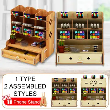 

2 Styles Wooden Desk Organizer Multi-Functional DIY Pen Holder Box Desktop Stationary Home Office Supply Desktop Storage Rack