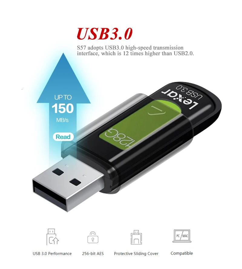 Lexar S57 флеш-накопитель USB 3,0, объемом памяти 32 Гб или 64 ГБ 128 ГБ 256 ГБ U диска до 150 МБ/с. Memory Stick 256-bit AES Pendrive для ПК