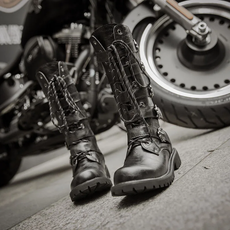 Size 38-46 Men's Leather Motorcycle Long Boots Mid-calf Breathable