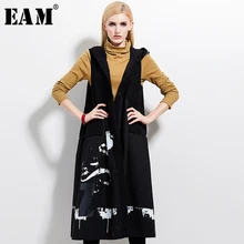 [EAM] женский свободный черный длинный жилет с капюшоном и принтом, модный жилет без рукавов, весна-осень 1A001