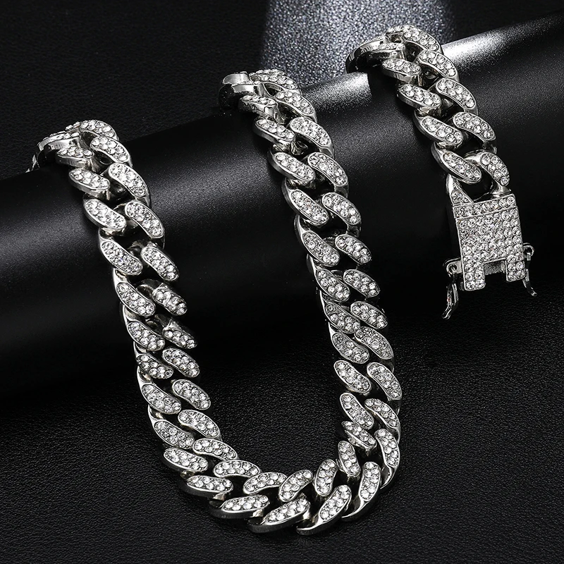  D&Z Hip Hop 13mm Cuban Link Chain For Men Iced Out Bling Rhinestone Chaine Homme Fashion Jewelry Wh