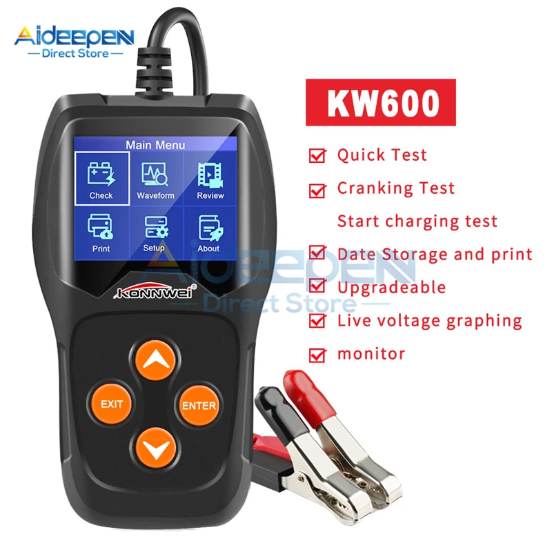 

KW600 12V Car Battery Tester 100 to 2000CCA 12 Volt Battery Detector Tools Cranking Charging Diagnostic Digital Color Screen