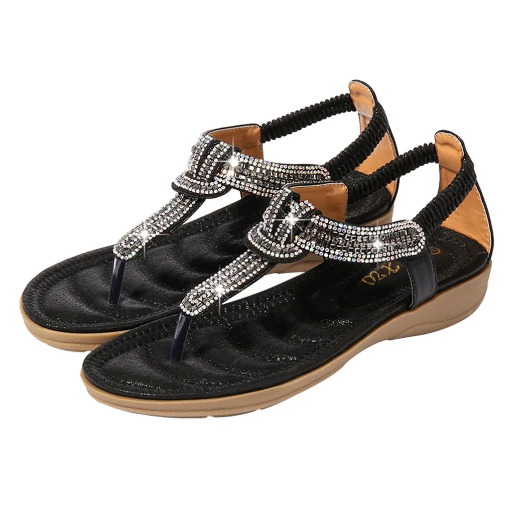 FashionSummer Для женщин Босоножки в богемском стиле с украшениями в виде кристаллов плоский сандалии пляж повседневная обувь с ремешками; без застежки; на плоской подошве; Sandales Femme