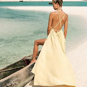 

BacklakeGirls Women Sexy Criss Cross Spaghetti Straps Elegant Pleated V Neck Bare Back Bow Long A Line Summer Dress Vestidos