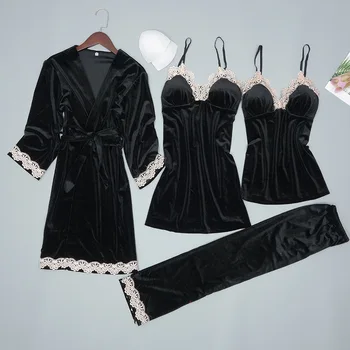 

4PCS Sleep Set Sleepwear Women Pajamas Suit Negligee Velour Sexy Autumn Nightwear Velvet Pijamas Lace Home Clothing