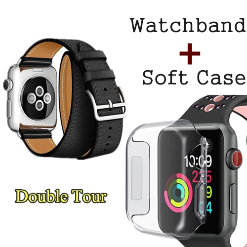 Black Herm логотип Swift кожаный двойной тур часы ремешок для Apple Watch серии 5 4 3 2 1 44 мм 40 мм Замена для iWatch 42 мм 38 мм - Цвет ремешка: Black