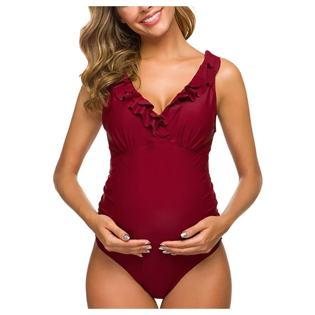 

Women Sexy Fashion Pregnant Tankinis Solid Bikinis Swimsuit Beachwear Ruffles Suit