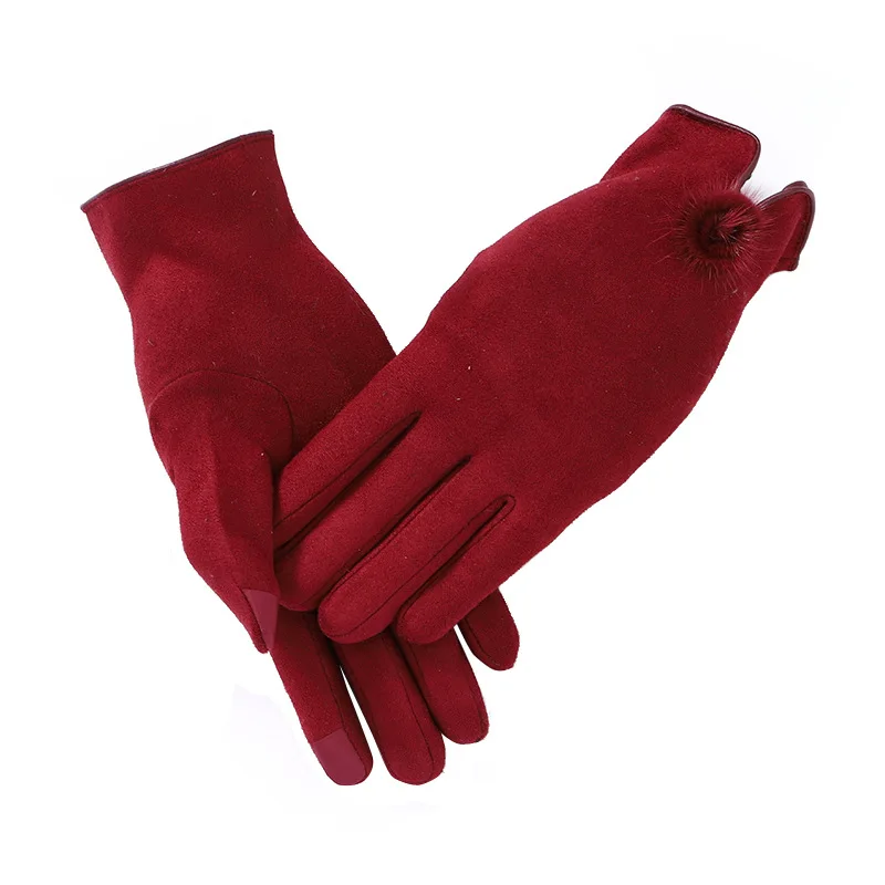 Red Новинка, женские зимние перчатки, кружевные теплые кашемировые меховые варежки, двойные толстые плюшевые женские перчатки с сенсорным экраном для вождения, ручная работа, G022 - Цвет: Red