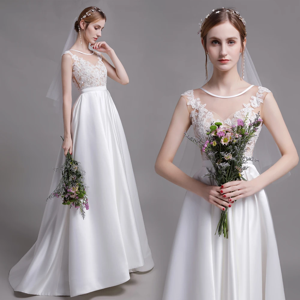 lace bodice satin skirt wedding dress