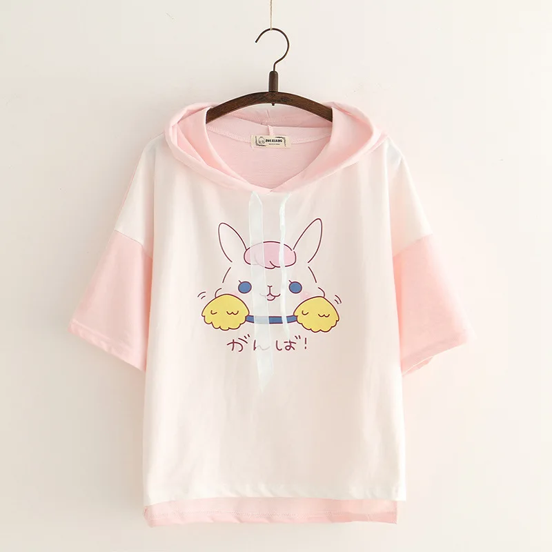 

Merry Pretty women hooded sweatshirts sweet rabbit print short sleeve cotton hoodies pink patchwork kawaii pullovers tops girls