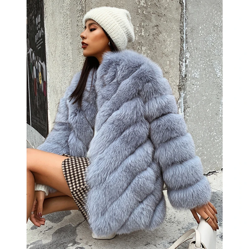 

RR Real Fox Fur Coats Women Fashion Covered Button Genuine Jackets Women Elegant Long Sleeve Coats Female Ladies HB