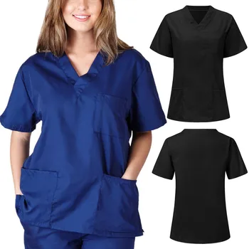 

Men Women Blouse Short Sleeve V-neck Nursing Uniform Blouse Scrub Tops With Pocket Loose Shirt Plus Size Work Wear Uniform #R20