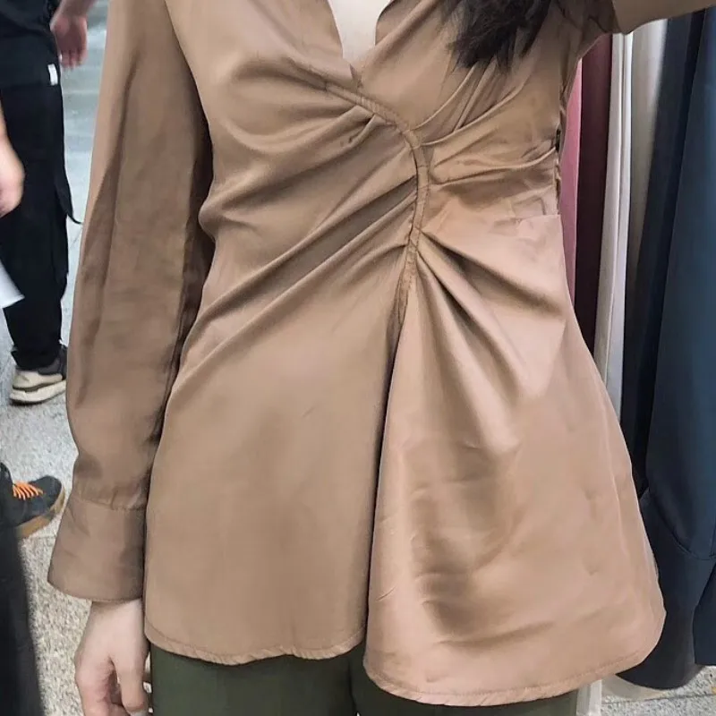 Neploe Блузка Женская мода с v-образным вырезом плиссированный Дизайн Blusas Mujer Invierno Новая тонкая талия рубашка с длинными рукавами однотонный топ 46585