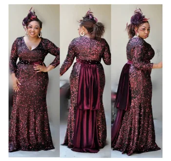 

BacklakeGirls Plus Size African Women Sexy V Neck Full Sleeve Sequined Mermaid Evening Dress With Sashes Vestido Largo De Fiesta