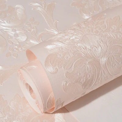 

3D Non Woven Wall Paper Self-adhesive European 3D Embossed Pink Wallpaper Beige Bedroom Background Wall Sticker Home Hotel Decor