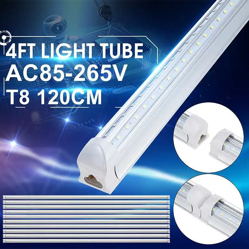 10 pièces T8 lumière LED Tube 4FT 120CM 36W 4 pieds double rangée en forme de V LED magasin lumière plafond sous armoire lumière 6500K blanc AC85-265V
