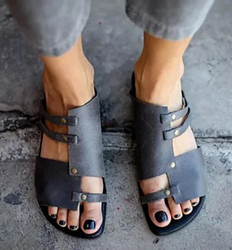 

Retro Womens Slippers Flats Open Toe Leather Shoe Fashion Ladies Shoe Beach Roman Style Leisure Slippers Chanclas De Mujer Playa