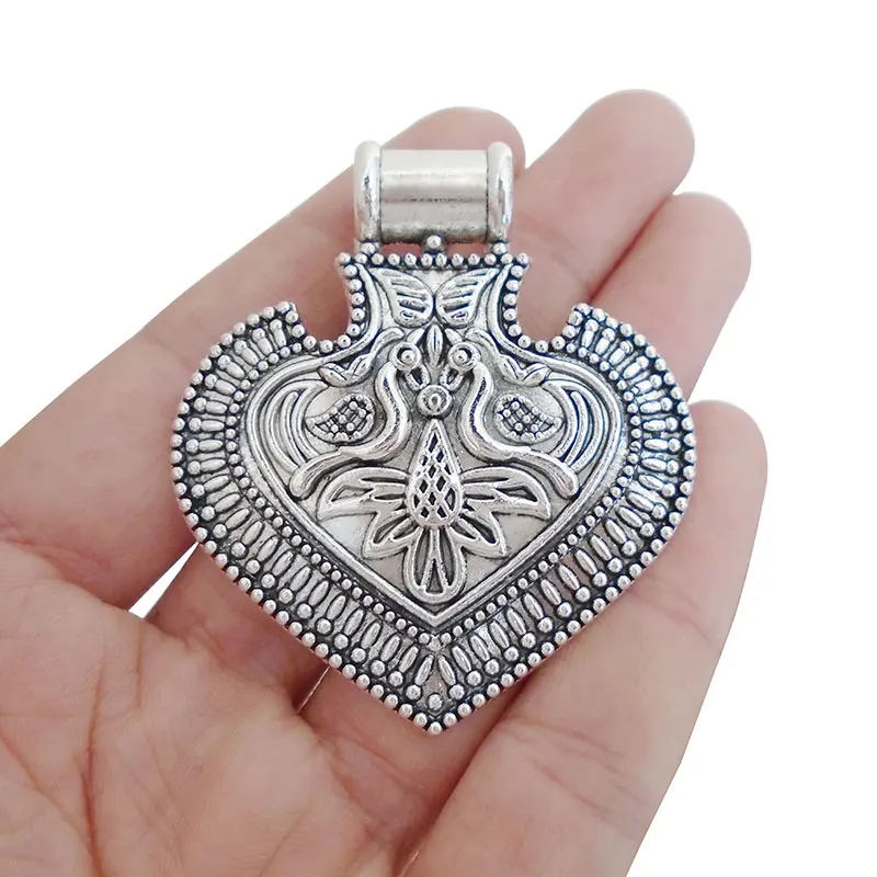 

3x Tibetan Silver Tone Bohemia Heart Charms Pendants For Necklace Jewelry Making Findings 56x49mm