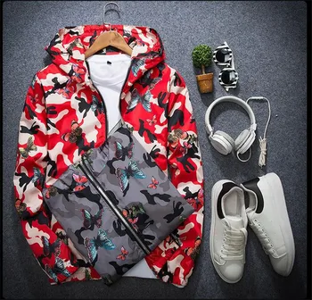 

Mens Casual Camouflage Hoodie Jacket 2019 New Autumn Butterfly Print Clothes Men's Hooded Windbreaker Coat Male Outwear