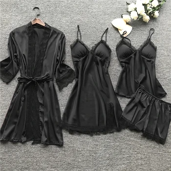 

2020 Women Pajamas Sets Satin Sleepwear Silk 4 Pieces Nightwear Pyjama Spaghetti Strap Lace Sleep Lounge Pijama With Chest Pads