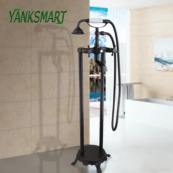 

YANKSMART Bathroom Bathtub Floor Stand Faucet Dual Handle 360 Rotation Waterfall Spout Faucet With Brass Handshower Set Tap