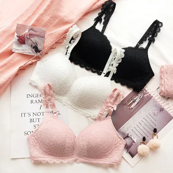 

Wasteheart Women Fashion Lace Bras Bralette Cotton Panties Bra Sets Sexy Lingerie Sets Wireless Underwear Pink Lingerie Romantic