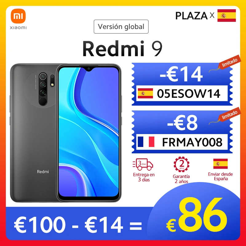 Xiaomi-Smartphone Redmi 9 versión global, teléfono móvil de 3GB, 32GB, 4GB, 64GB, cámara cuádruple de 13MP, batería grande de 5020mAh, Helio G80, ocho núcleos, 6.53 pulgadas almacén españa