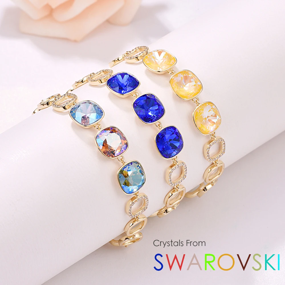 Браслеты с кристаллами Swarovski, квадратные, необычные, каменные, новая мода, золотой цвет, браслет, браслет для женщин, Свадебная вечеринка, ювелирное изделие, подарок
