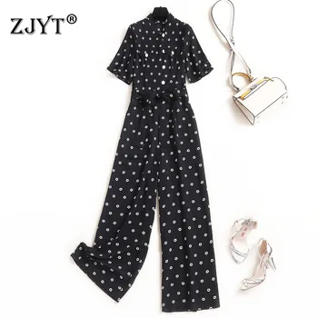 

2020 Summer New Designer Women Jumpsuit Elegant Short Sleeve Bow Neck Floral Print Long Pants Office Rompers Womens Jumpsuits