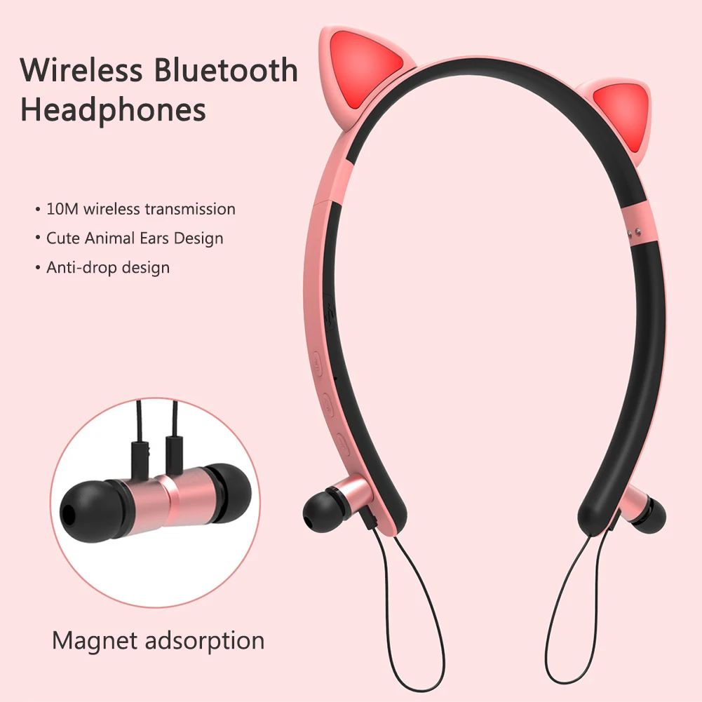 Portable Led Gift Magnetic Absorption Cute Girls APP Remote Control Universal With Mic Wireless Headphones Luminous Cat Ear