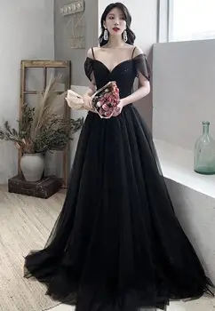 

Black Long Evening Dresses 2020 Prom Gown Tulle Beaded Off Shoulder Sweetheart Sweep Train Walk Beside You Formal Party Dress