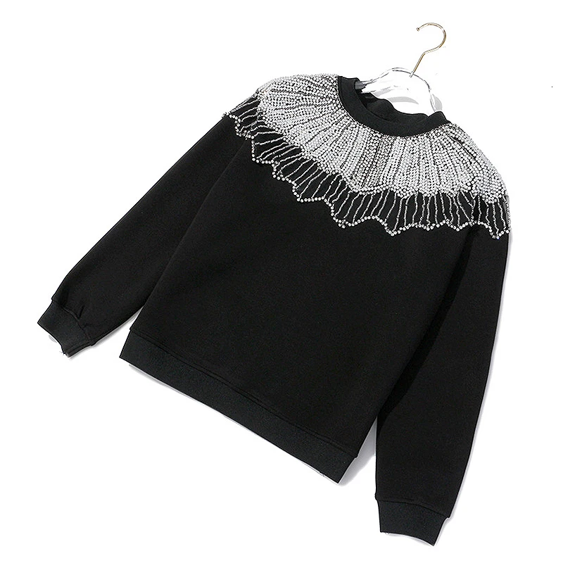 TWOTWINSTYLE, черные Лоскутные Женские кофты с бисером, с круглым вырезом, с длинным рукавом, негабаритные пуловеры для женщин, осень, модная новинка