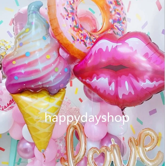 

Summer party rainbow pink ice cream kiss lip foil balloon birthday party sun sweet chocolate food decoration cake donut baloon