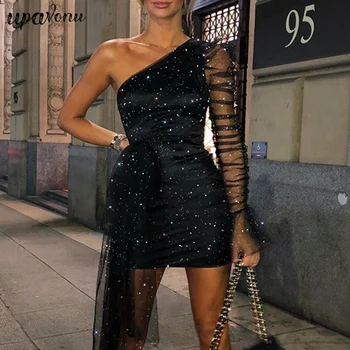 

2020 New Ladies Dress Sexy Glitter Diamond Word Shoulder Gauze Mesh Wrinkled Long Sleeve Skinny Dress Ladies Mini Dress