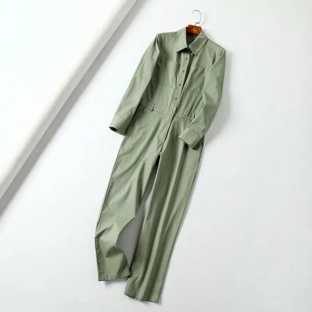 

Wowen's Autumn Jumpsuit Turn-down Collar Long Sleeve Straight Pure Color Female Clothing Safari Style