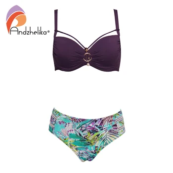 

Andzhelika Floral Print High-Waisted Bikini Set Sexy Push Up Swimsuit Metal Brooch Plus Size Swimwear 2020 Women Bathing Suit