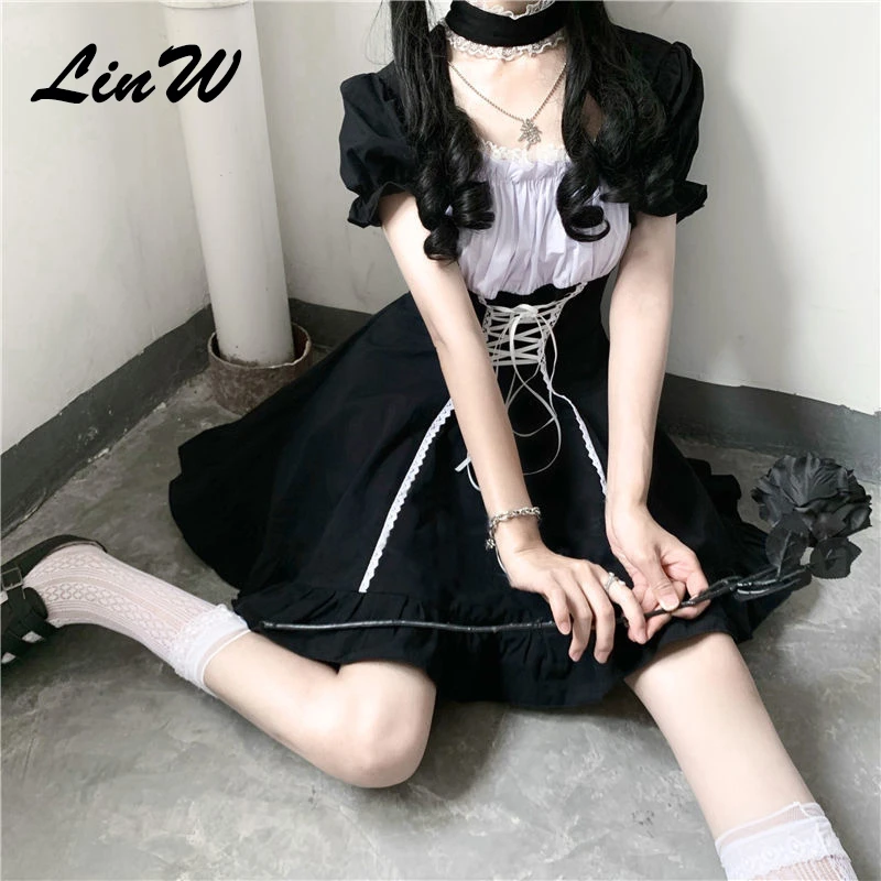 Japanese Lolita Dark Black Puff Sleeve Waist Dress Women Vintage Design Maid Kawaii Soft Girl Cute Dress - Lolita Collection -