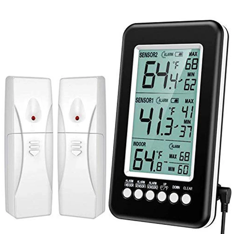 

Refrigerator Thermometer, Wireless Digital Freezer Thermometer with 2 Sensors, Indoor Outdoor Thermometer with Audible Alarm Tem