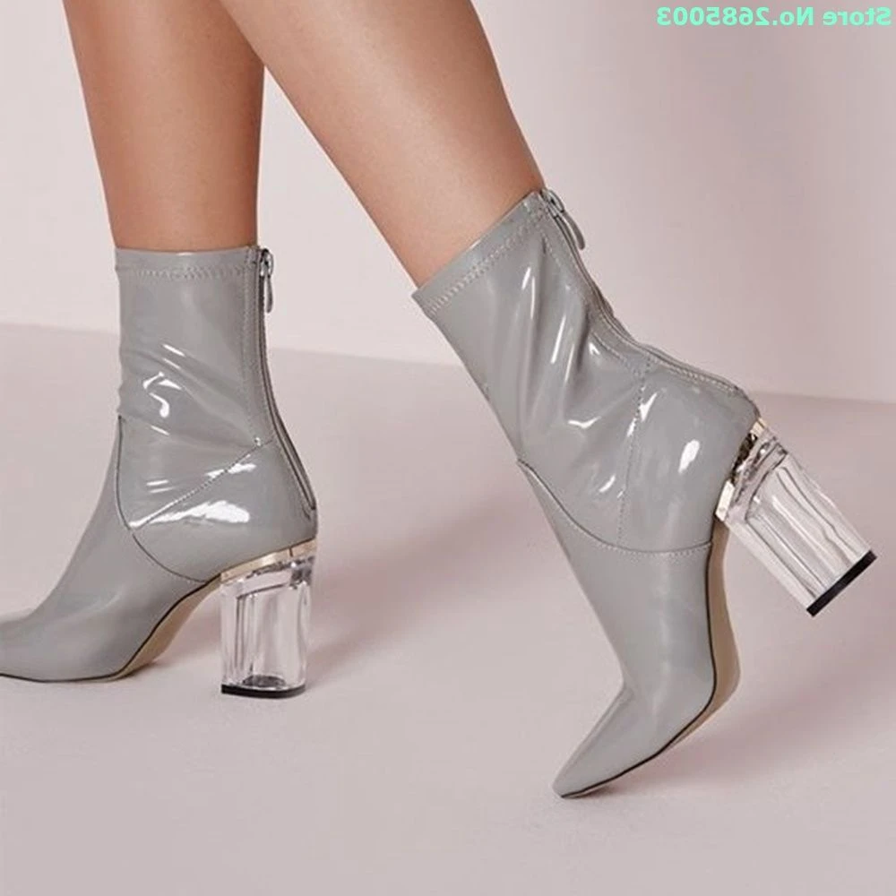 de tacón transparente para botas puntiagudas de charol con cremallera trasera, zapatos de vestir fiesta, Primavera|Botas hasta el tobillo| - AliExpress