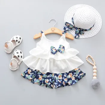 

2020 summer Infant Baby Girls Sleeveless Bow Ruffles Tops+Floral Print Shorts+Hat Outfits Girls Party Kids Tulle Tutu Dress Kids