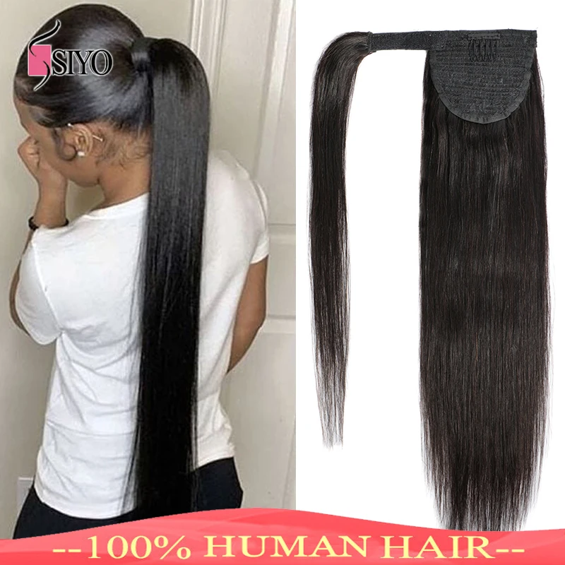 Siyo-extensiones de cabello humano brasileño Remy para mujeres negras, pelo liso con cola de caballo, Color Natural
