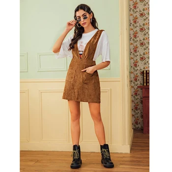 

Fashion Corduroy Jumper Skirt Casual Female Women Pockets High Waist A Line Overalls Harajuku Strap Short Skirt Jupe Autumn