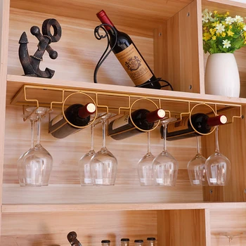 

70 X 23 X 11cm Holds 3 Bottles 4 Rows Stemware Holder Wine Rack Hanging Stemware Rack Wine Cup Shelf - Golden Black