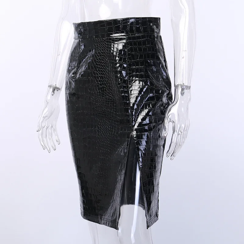 Porzingis/осенне-зимняя женская юбка с разрезом из крокодиловой кожи; изящная однотонная пикантная тонкая юбка из искусственной кожи; Посылка в стиле хип-хоп