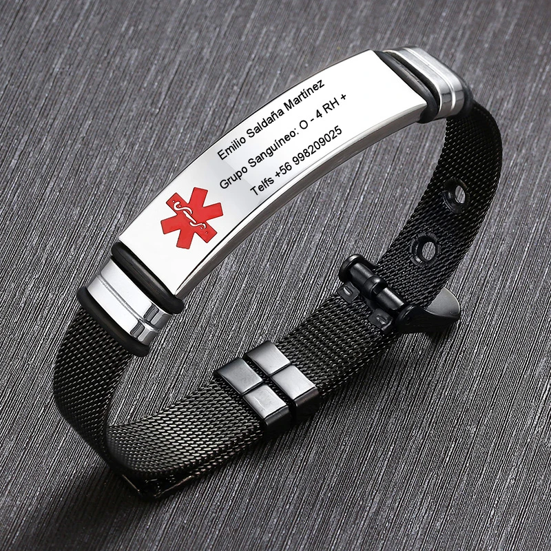 

Customzied Wrist Men's Stainless Steel Medical Alert ID Bracelet Diabets Type 1 Free Engraving Adjustable Size