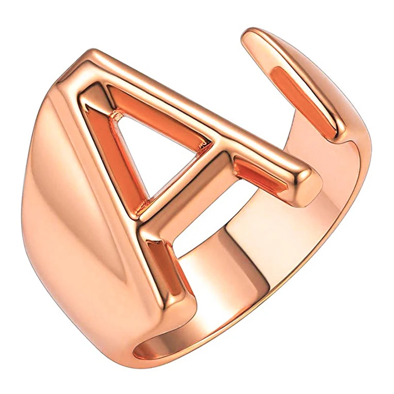 

RongXing Simple Fashion A-Z 26 Letters Opening Adjustable Rings For Men Women Vintage Fashion Silver/Rose Gold Engagement Ring